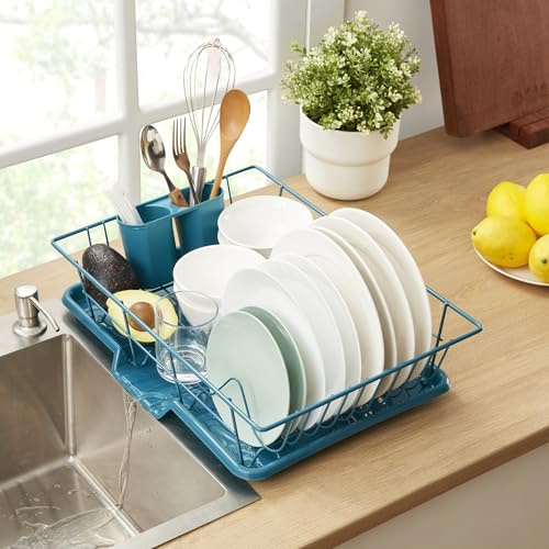 Space-Saving 3-Piece Dish Drainer Rack Set ✅ Efficient Kitchen Organizer for Quick Drying and Storage ✅ Includes Cutlery Holder and Drainboard ✅ Maximize Countertop Space, Blue/Green Teal