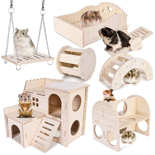Hamster leksak hus hamsterbur tillbehör: 7 stycken gör-det-själv trä hamster tuggleksaker, marsvin leksak hamsterhjul bro gunga hamster hus för racingmöss råttor dvärghamster chinchilla