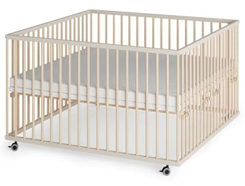 Sämann Laufstall Baby XXL 120x120 cm mit Matratze SleepPlus und Schlupfsprossen | TÜV geprüft | stufenlos höhenverstellbar | Laufgitter Premium | Babybett aus Holz | Krabbelgitter sahara dust/natur
