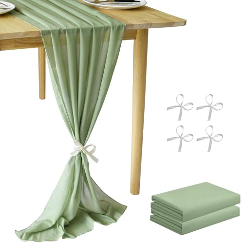 Cinnani 2 Stück Chiffon Tischläufer Grün 70x300 cm Salbeigrün Musselin Dekostoff Musselin tischläufer Boho Hochzeit für Hochzeitsdeko, Tischdeko Geburtstag, Babyparty