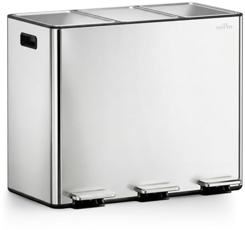 mVm Kitchen Bin,45L Triple Rubbish Bin,3×15L Stainless Steel Pedal Bin,Recycling Bin with Soft-Close Lids and Plastic Inner Buckets,Fingerprint Proof,Odour Seal,Large Capacity Trash Can