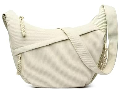 Pinkrin Halbmond Umhängetaschen mit verstellbarem Schultergurt, Cord Crossbody Moon Bag Damen, Handtasche Damen Umhängetasche Mittelgroß für Reisen Arbeit Uni Festival und Everyday (Beige)
