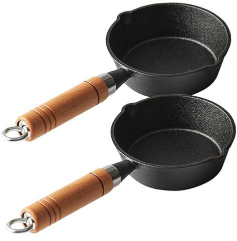 MUELODSIC 2 piezas Mini Cacerola de Hierro Fundido para Salsa con Mango de Madera Calentador Versátil para Derretir Mantequilla y Verter Aceite Cocina y Profesional