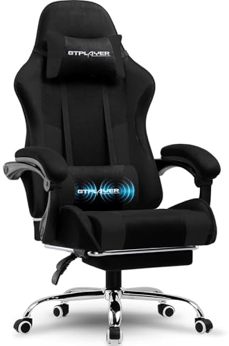 GTPLAYER Gaming Stuhl, Bürostuhl, Ergonomischer Pc Stuhl, Gaming Sessel mit Massagelendenwirbelstütze, Task Stühle mit Fußstütze und Kopfstütze, Schwarz Stoff