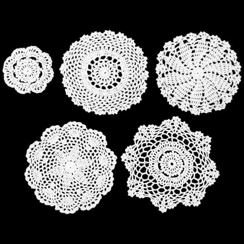 Tyqour 5 PCS Vintage Crochet Doilies for Tables, Lace Doilies, Round Cotton Table Placemats, Washable Placemats for Dining Room Table Christmas Winter Wedding Cup Vase Decor