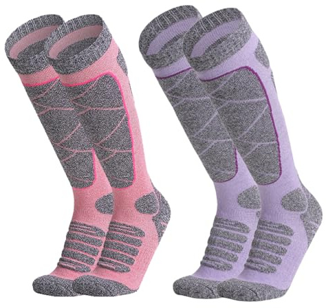 EOAMGO Ski Socks Womens 4-7, Ladies Thermal Ski Socks, Snowboard Skiing Snow Socks, Winter Thick Warm Knee High Boot Socks for Walking Hiking Skiing, Ski Gifts Accessories for Women (pink+purple)