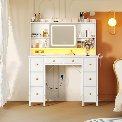 ODK Coiffeuse avec Miroir LED Mobile, Table de Toilette avec Prises