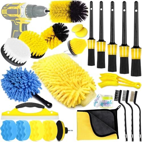 MWZEAUL Kit de Limpieza Coche para Interior y Exterior, Kit Detailing Coche con Cepillo Taladro, Brocha Limpieza, Esponja Pulir Coche, Limpieza Coche Moto para Asiento de Cuero, Llantas, Salpicadero