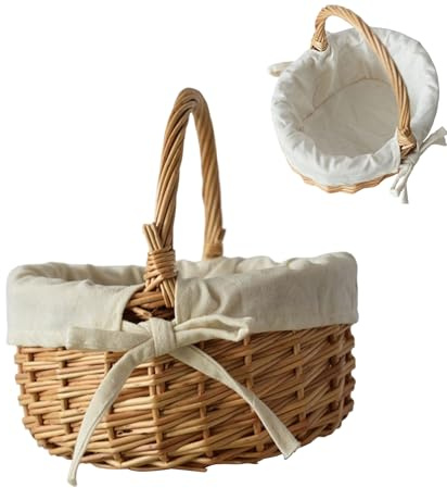 Wicker Picnic Basket - Easter Basket With Handle And Linen Lining, Small Wicker Storage Baskets, For Fruit, Candy, Toy, Egg Gathering, Wedding