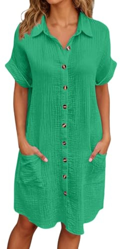 Générique Robe Lin Coton Femme Ete Chic Elegant Tunique Robe Manches Courtes Ample Casuel Couleur Unie Robes avec Boutons Col V Robes De Plage Grandes Tailles Dress pour FêTe Vacances S-4XL