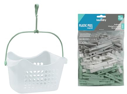 JVL Peg Basket with 100 Plastic Clothes Pegs – Large Capacity Laundry Peg Holder – Assorted Colours