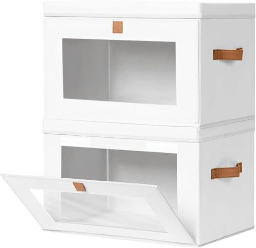 DIMJ Aufbewahrungsboxen mit Deckel Stoff - 2er Set Aufbewahrungskorb Stoff Faltbare Storage Boxes mit Transparentem Sichtfenster, 42 x 30 x 28 cm Faltbox für Kleidung, Waschbare, Kinderzimmer, Weiß