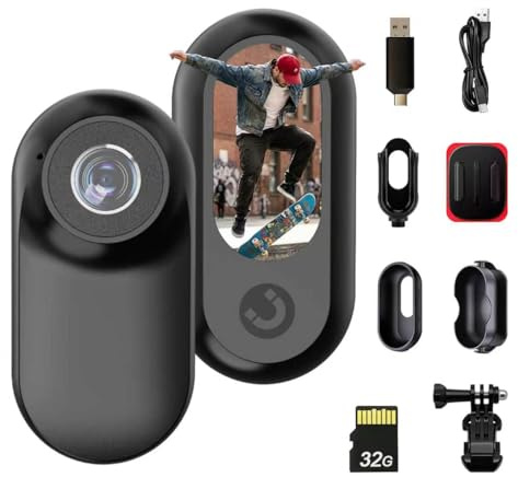 fceoul Mini Body Camera 1080P, Mini Action Camera withScreen & 32GB Memory Card, Thumb Pov Camera forCycling, Helmet, Pets & Vlogging