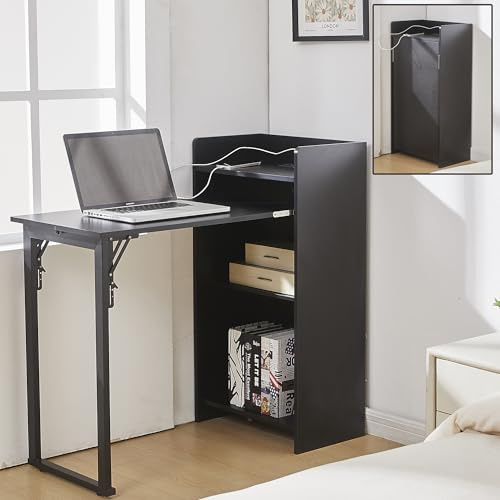TinFrey Klappbarer Wand-Schreibtisch/Sekretär mit Regal & 3 Schubladen, multifunktional & platzsparend, integrierte Steckdose, viel Stauraum, ideal für Homeoffice und kleine Räume, 50 × 30× 95 cm