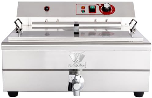 Beeketal 'BWF-200P' Profi Gastronomie Kaltzonen Fritteuse/Fettbackgerät mit seitlichem Abtropfgitter (20l Volumen für max. 14l Öl) Edelstahl Gastro Friteuse mit Doppelheizspirale und Fettablaufhahn
