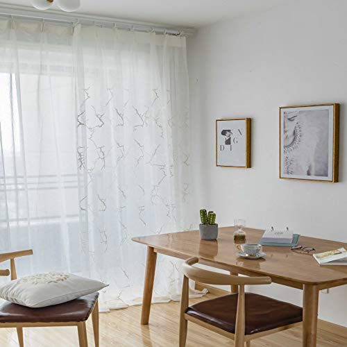 Gardinen Transparent Weiß - Voile Vorhang Stickerei mit Schlaufen Schlaufenschal Tüll Gaze Stores Gardine für Schiebetür Balkontür Dekoschals, 2 Stücke 260 x 140 cm (H x B)