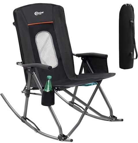 Portal Oversized Folding Rocking Camping Chair Portable Outdoor Rocker with High Back Hard Armrests Carry Bag, Supports 400 lbs, Mesh Back, Black