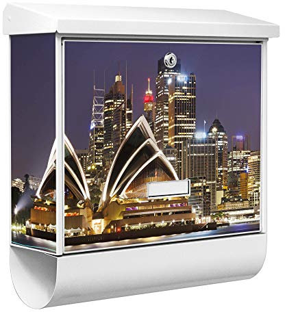 banjado® Burgwächter Briefkasten Weiß 38x39x12cm mit Motiv Sydney/Briefkasten mit Zeitungsfach/Briefkasten mit Zeitungsrolle/Postkasten inkl. Montagematerial & 2 Schlüsseln