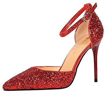 Dam gnistrande hög klack rem spetsig stängd tå Mary Janes Stiletto Party Abiball Clubbing Pumps, röd, 39 EU