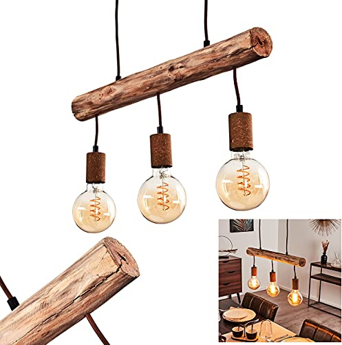 HOFSTEIN Pendelleuchte Gondo, Hängelampe aus Metall/Holz in Rost/Braun, 3-flammig, 3 x E27, höhenverstellbar bis max. 138 cm, moderne Hängeleuchte mit Holzbalken, für Wohnzimmer, Esszimmer, Küche