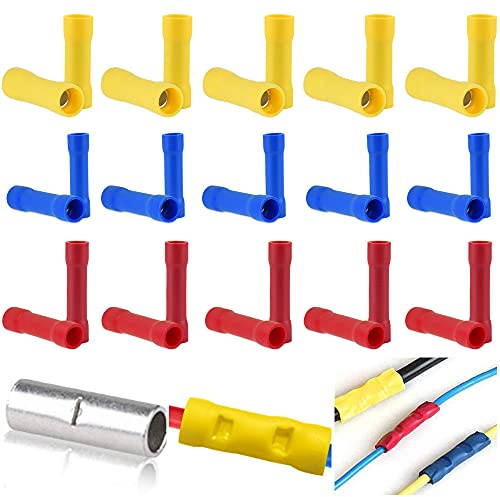 ANTHYTA 100 Stück Kabel Quetschverbinder Stoßverbinder 0,5-1,5mm²/1,5-2,5mm²/4,0-6,0mm² Stossverbinder Isoliert Kabelschuhe Wärmeschrumpfende Verbinder Rundsteckhülsen Vollisoliert (Rot+Gelb+Blau)