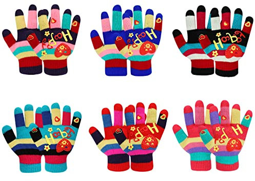 TAGVO 6 Paar Kinderhandschuhe, Stretch Vollfinger Regenbogen Handschuhe, Winter Warme Strickhandschuhe für 5~13Jahre alte Kinder Mädchen Jungen Schule Pendeln im Freien Spielen