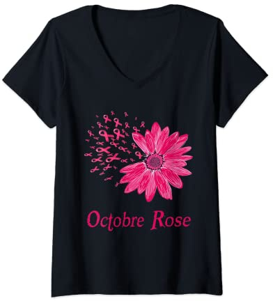 Femme Octobre Rose 2021 Femme Ruban de Sensibilisation Cancer Sein T-Shirt avec Col en V