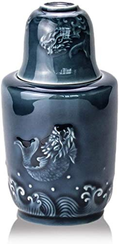 MXXHFC Service à saké en céramique Saké Set de 2 pièces Style Chinois Poisson sautant Dragon Porte en Porcelaine Artisanat/pichet à vin/Pot à vin, Verre à vin pour Service de saké Chaud/Froid 924 (