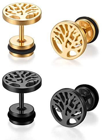 JewelryWe Schmuck Baum des Lebens Ohrstecker, Edelstahl Lebensbaum Runde Kreis Ohrringe für Herren Damen Tunnel Plug Ohrpiercing Barbell Stud Silber/Gold/Schwarz