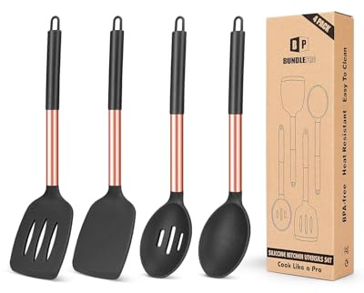 Set of 4 Large Silicone Cooking Utensils, Non Stick, Solid Spatulas, Heat Resistant, Black Slotted Spoons, Ideal BPA Free Kitchen Tongs for Frying, Mixing, Serving, Draining