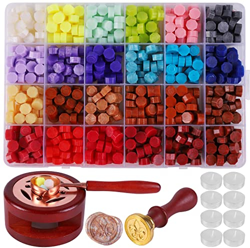 Rihsay 620 Stück Siegelwachs Set 24 Farben Siegelwachs Perlen mit Vintage Siegelstempel Siegelwachswärmer Schmelzlöffel 8 Wachs Kerzen für DIY Umschläge Hochzeit Einladungen Karten