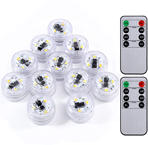 OriFiil LED Teelichter mit Timer, 12 Stück LED Kerzen Outdoor mit 2 Fernbedienung, Batteriebetriebene Poolbeleuchtung Unterwasser für Teich/Brunnen/Hochzeit/Party Dekorationen (12 Stück, Warmweiße)