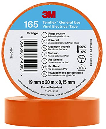 3M Temflex 165 - Cinta aislante (vinilo, 0,152 mm x 19 mm x 20 m), color naranja
