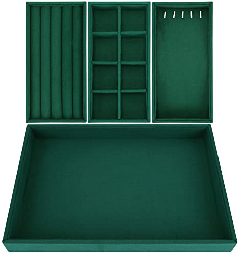 BELLE VOUS 4 Vassoio Porta Gioielli Donna in Velluto Verde Impilabile - Portagioie Donna 35,3 x 24,2 cm - Organizer Gioielli Porta Anelli, Porta Gioie, Porta Orecchini, Porta Bracciali Espositore