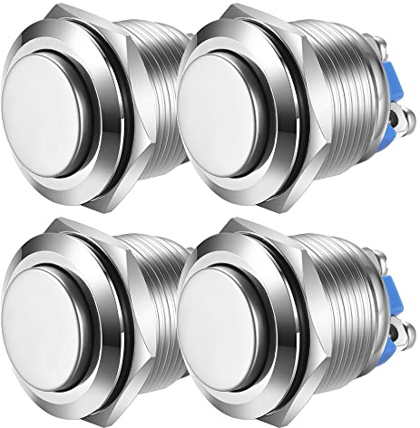 GUUZI 4 Stück 19mm Momentan-Drucktaster 3A/250 VAC 5A/12V DC Wasserdichter Power Drucktaster Klein Rund Chrom Edelstahl Metall 2-polig Schließer (Hoher Kopf)