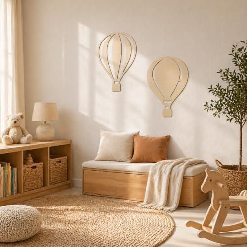 K&L Wall Art Kinderzimmer Holzbild Heißluftballon Wandbild aus Holz Luftballon Wanddeko Baby Holzdeko Junge Mädchenzimmer modern 30x40cm
