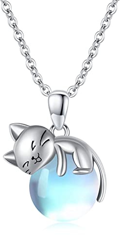 SLIACETE Katt Halsband 925 Sterlingsilver Hänge Kedja för Kvinnor Flickor - Smycken Presenter för Kattälskare, Månsten