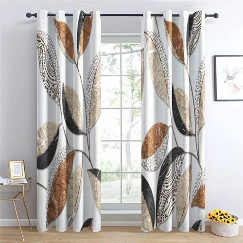 TAKUAN Pflanze Vorhänge Verdunklung svorhänge mit Muster Blätter, Vorhang Blickdicht mit Ösen Gardinen Wohnzimmer Schlafzimmer Kinderzimmer Dekoration 2er Set-137 x 117 (H X B)