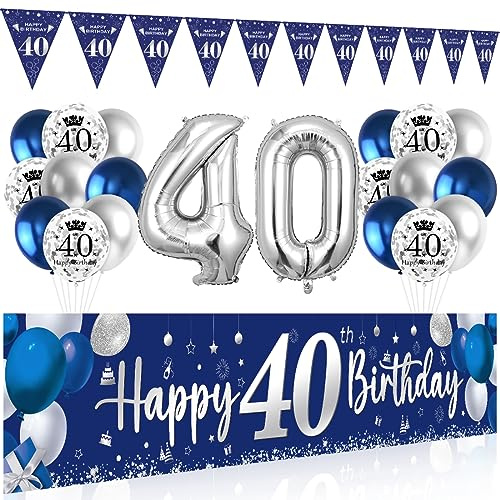 40. Geburtstag Deko für Mann und Frau - Happy Birthday Banner Blau Silber, Luftballons, Wimpel Girlande, Hintergrund Ballons Marineblau Silber für Männer Frauen Party