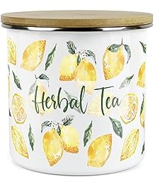 Purely Home Lemons Herbal Tea Canister - White Metal Enamel Medium Sized Kitchen Food Storage Container