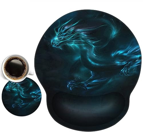 newplenty musmatta, musmatta med handstöd, musmatta med gelkudde, ergonomisk musmatta med underlägg för dator, bärbar dator (blå drak)