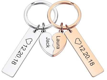 INBLUE Personnalisé Acier Inoxydable Couple Porte-clés Ensemble pour Femme Gravé Nom Date Cœur Puzzle Porte-clés Photo Ronde Étiquette Couper Porte-clés avec Nom Cadeau Significatif pour Couple