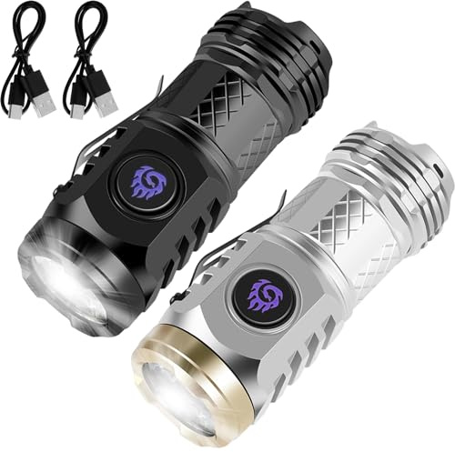 2Pcs Three-Eyed Monster Mini Flashlight, German Three-Eyed Monster Mini Flash Super Power Flashlight, Pocket Flashlight with Clip, Torch LED Flashlight, Portable Pocket Torch (Black+Silver)