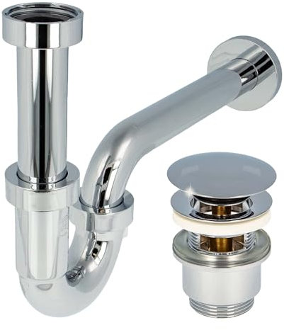 tecuro Siphon extra lang mit Pop Up Ablaufventil verchromt - Universal Set für Waschtisch/Waschbecken