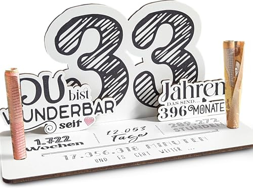 Generisch 33 Geburtstag - 33 Jahre 3D-Holzkarte Geldgeschenke für Frauen, Männer, Opa, Oma, Vater, Mutter, Tochter, Sohn, Arbeitskollegen, 20x10cm, Höhe bis zu 20cm