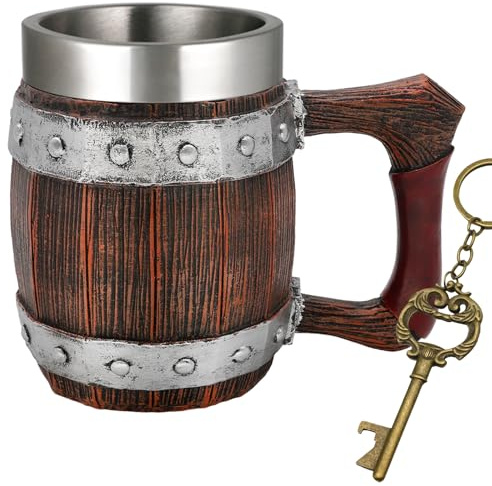 Viking Wooden Barrel Coffee Mug - 21oz Stainless Steel Double Wall Heavy Mug Norse Handle Tankard Gifts for Men Medieval Drinking Cup, Cool Beer Stein for Home Bar Viking Decor