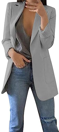 Blazer dam sportig lång – svart kavaj dam lång dam enfärgad ledig kavaj långärmad mode kostym jacka fram öppen krage krage kofta sommarblazer/dam blazer/skjortjacka, Grå, L