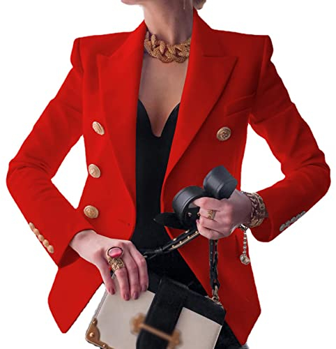 GUHPZA Damen-Anzugblazer, lässiger Arbeitsanzug mit Knopfleiste vorne, offener Business-Anzug, langärmeliger, einfarbiger Blazer (Rot XXL (Büste: 102 cm))
