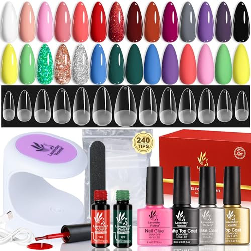 Lavender Violets Gel Nagellack Set mit UV Licht 21 Gel Farben USB LED Nagellampe Nagelverlängerung Press on Nail Glue 240 Acryl Full Cover Soft Tips, Base Coat, Glossy Top Coat, Matte Top Coat VC17