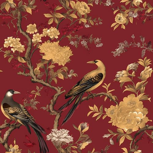Papier peint auto-adhésif papier peint à motifs, Papier peint luxueux à motifs de pivoines dorées rouges et d'oiseaux floraux, papier peint vintage à décoller et à coller, papier de contact facile à d